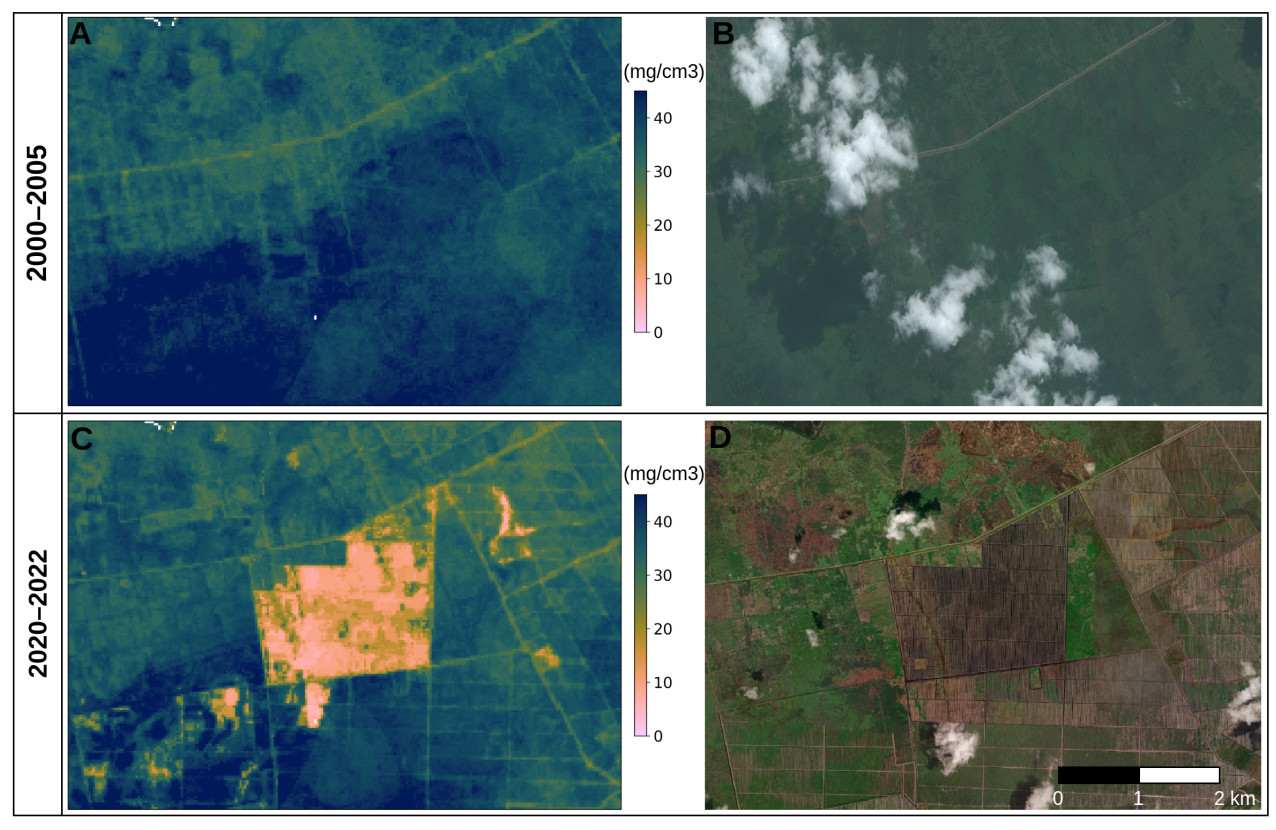 Comparison predictions of SOC density for 2000–2005 and 2020–2022 periods for area in Indonesia.